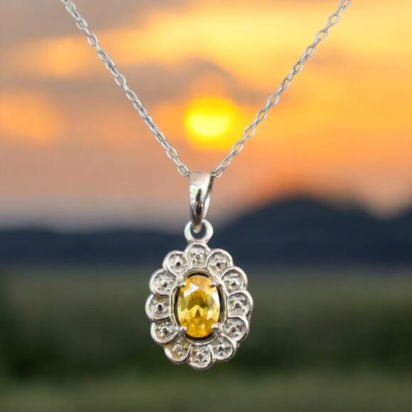 Yellow Cubic Zirconia Pendant Necklace 925 Sterling Silver November Birthdays - Picture 2 of 4